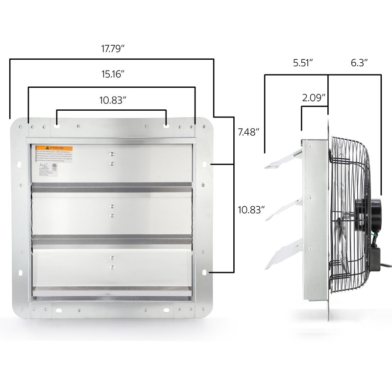 Ventilateur mural à cordon 12 po avec volets, H 7,48 po x l 17,12 po x P 17,12 po