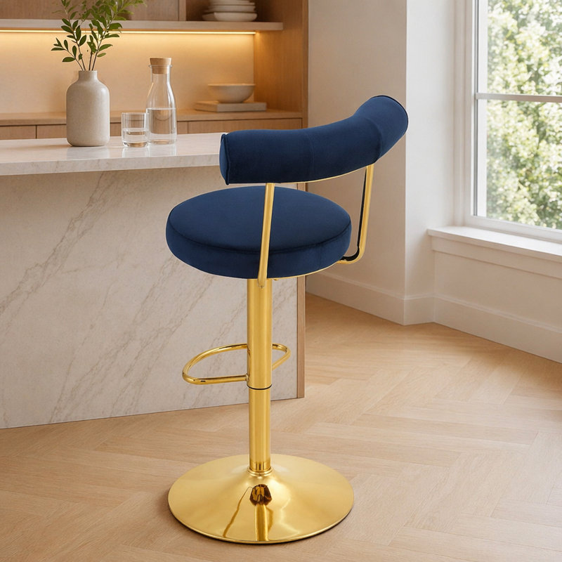 Chaise de bar pivotante rembourrée en velours doux avec pieds dorés électrolytiques, Bleu foncé / or