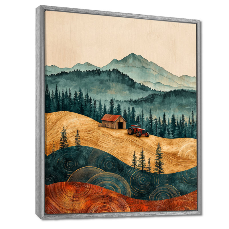 Gerassimos grange avec paysage de tracteur sur un dessus de brun II - ferme, art mural, Argent argent, H 32 po x l 16 po
