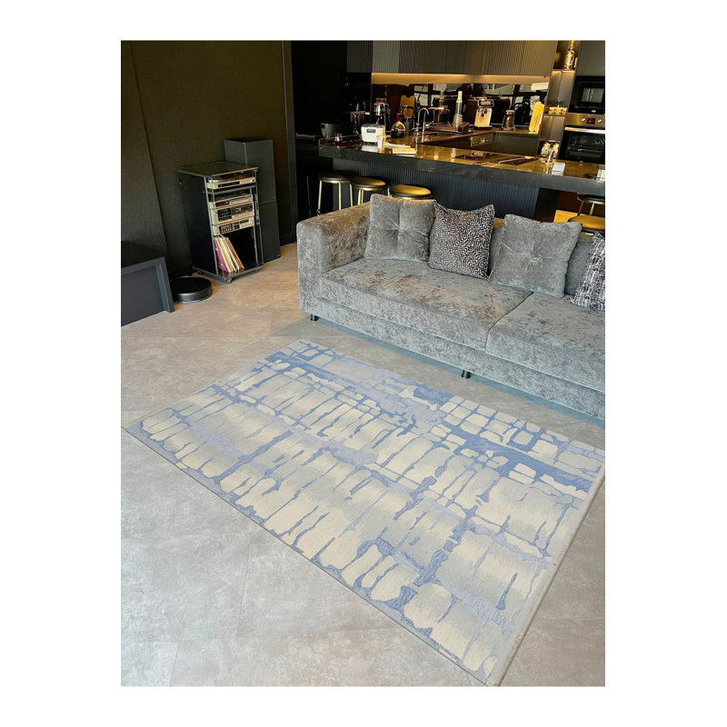 Tapis décoratif moderne abstrait bleu lavable à la machine, Tapis de couloir 2 pi 6 po x 9 pi 10 po