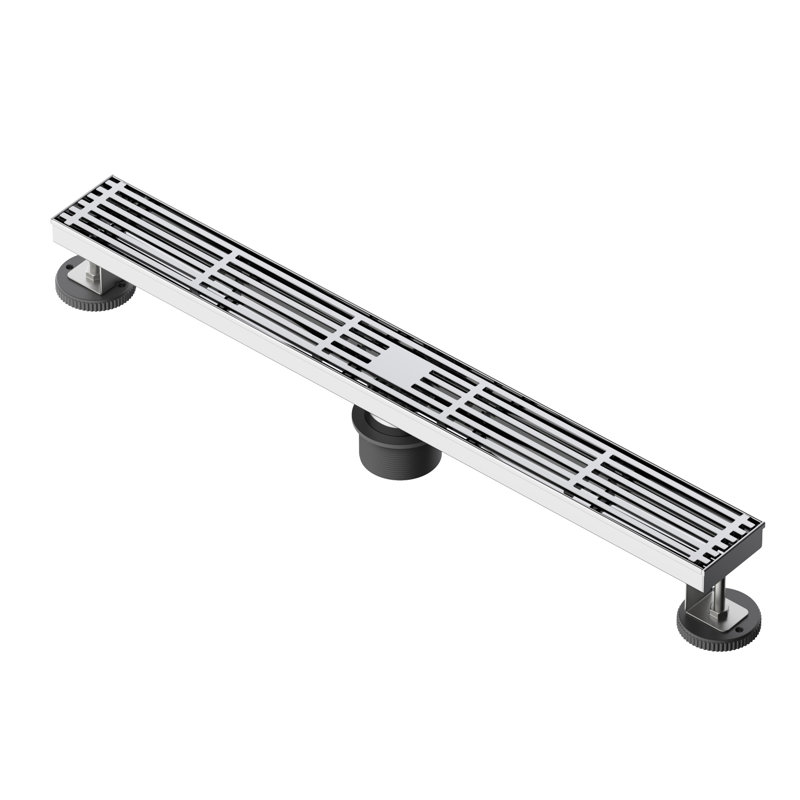 FINE FIXTURES Linear Shower Drain, Slotted Grate Design, 10-Gauge 304 Stainless Steel, Center Outlet, Fast Drainage, Hair Strainer Included