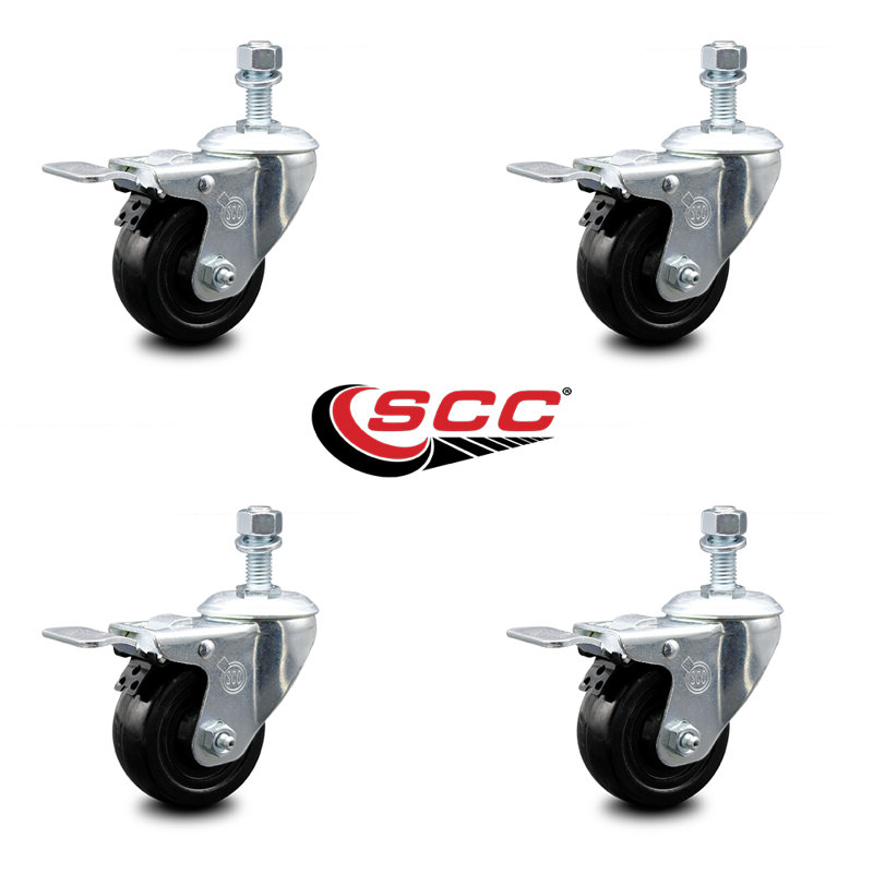 Rubber ½ Inch Threaded Stem Caster Set with Total Lock Brake SCC
