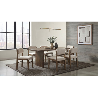 Vinga 7-Piece 82-Inch Rectangular Dining Set with 6 Upholstered Chairs, Cream and Walnut
