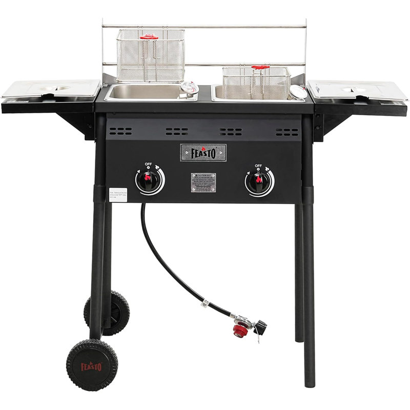 Feasto Dual Tank Propane Deep Fryer, 50000 BTU, Cast Iron Burners, Thermometers, Removable Pot, Baskets, Lids, Movable Cart with Regulator