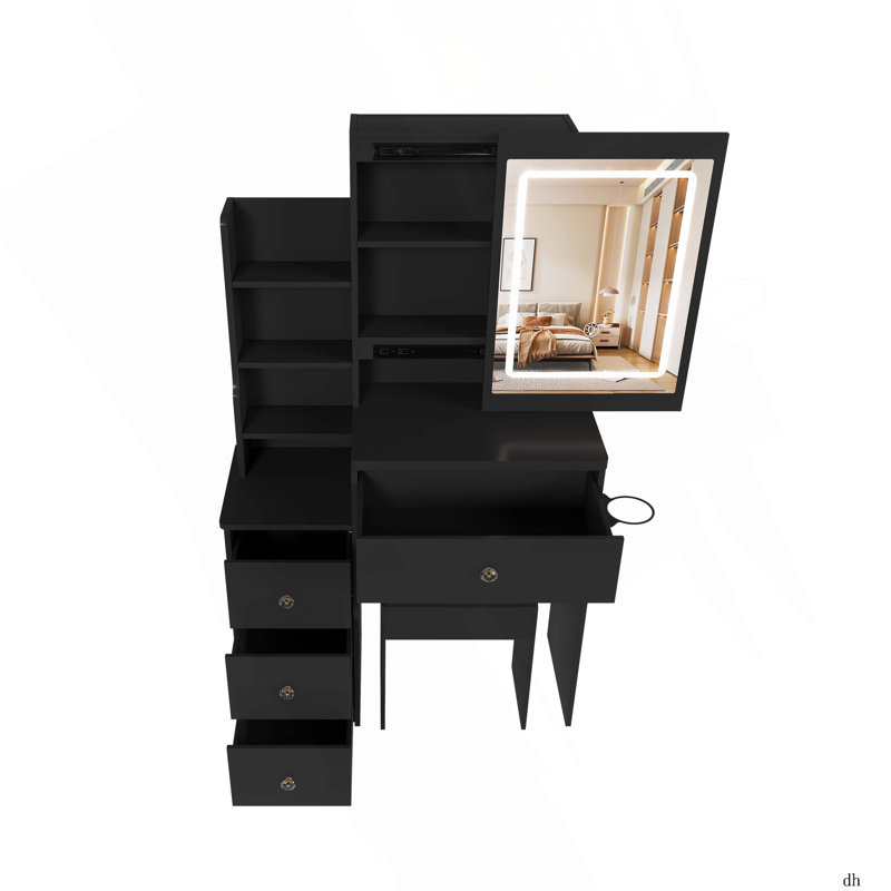 Bureau de coiffeuse avec 4 tiroirs, un support pour sèche-cheveux et une prise de courant, coiffeuse et tabouret