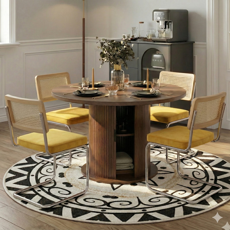 Ensemble de salle à manger à piédestal rond 5 pièces avec chaises cantilever, Jaune