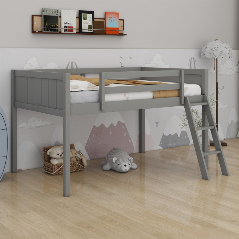 Lit mezzanine bas en bois avec échelle, Gris