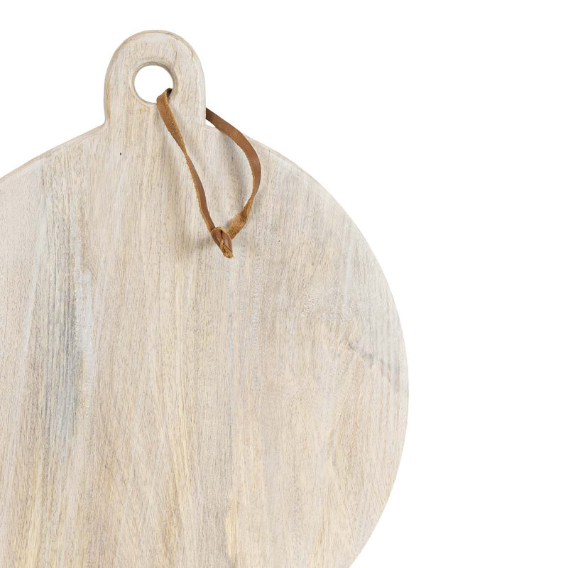 Foreside Home & Garden Round Serving Board Whitewash Wood with Leather Loop