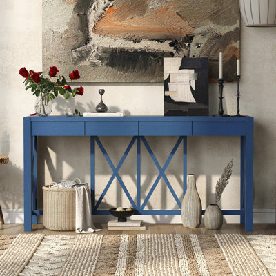 Console en placage de 60 po avec 5 tiroirs spacieux, table d'entrée moderne Crisscross avec rangement à fond ouvert, canapé de style campagnard pour le salon, la cuisine, la salle à manger et le couloir