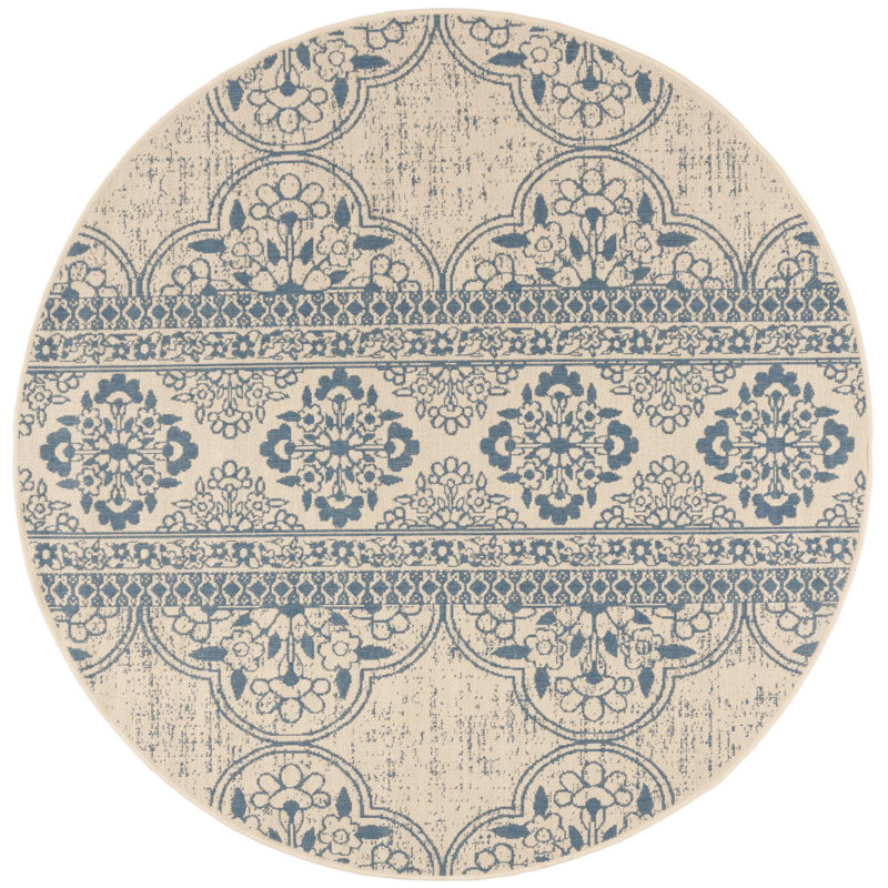 Tapis intérieur / extérieur bleu / crème Danya, Rond 6 pi 7 po