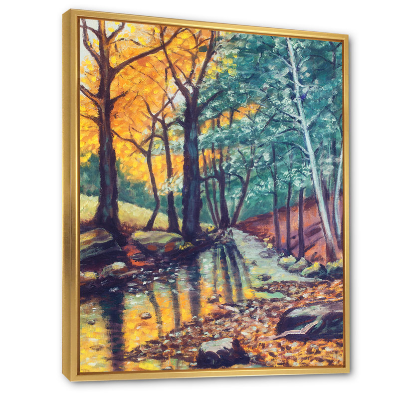 «Landscape With River In Autumn Forest Sunset», reproduction sur toile flottante, H 20 po x l 12 po x p 1 po, Or