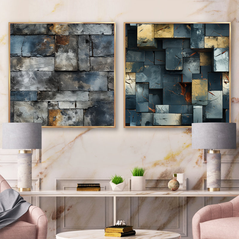 Fontayne - Ensemble de 2 collages carrés abstraits, Cadre flottant doré, H 30 po x l 61 po