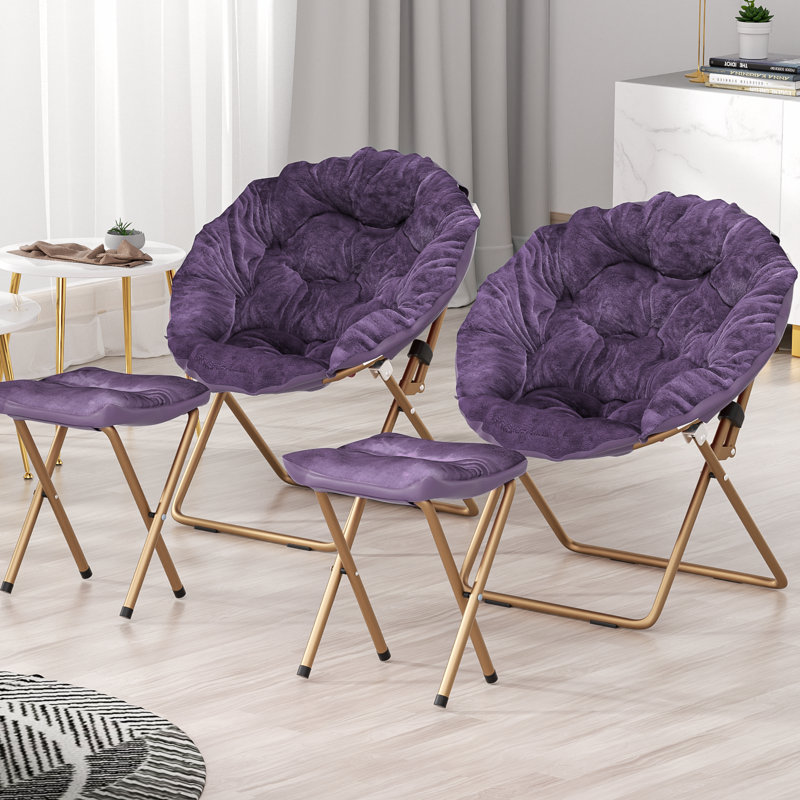 Cozy Saucer Chairs with Footrest Ottoman, Foldable Papasan Chairs Lounge Chairs for Bedroom Living Room, Purple