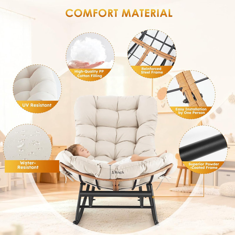  2 pièces Chaise berçante Papasan avec repose-pieds, chaise Papasan surdimensionnée avec coussin épais amovible et structure en métal, chaises longues