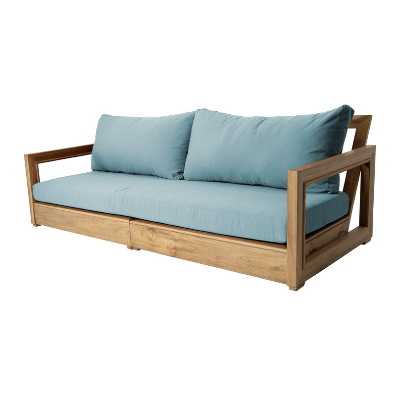 Crelake 107'' Wide Rectangular Teak Patio Sofa with Sunbrella® Cushions, Mineral Blue