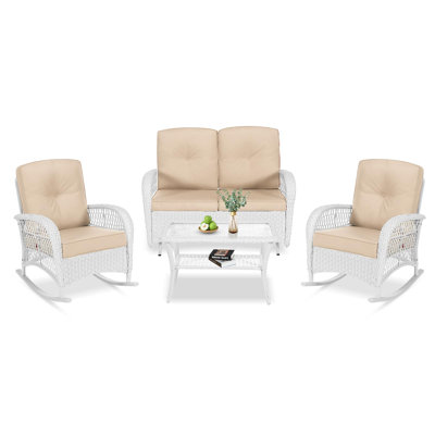 Red Barrel StudioÂ® 4-piece Outdoor Patio White Wicker Conversation Sets, All Weather Outdoor Rattan Furniture Set Includes Glider Loveseat, Coffee Ta -  94BF4F2787CB47E9B4CC847A1E7B0505