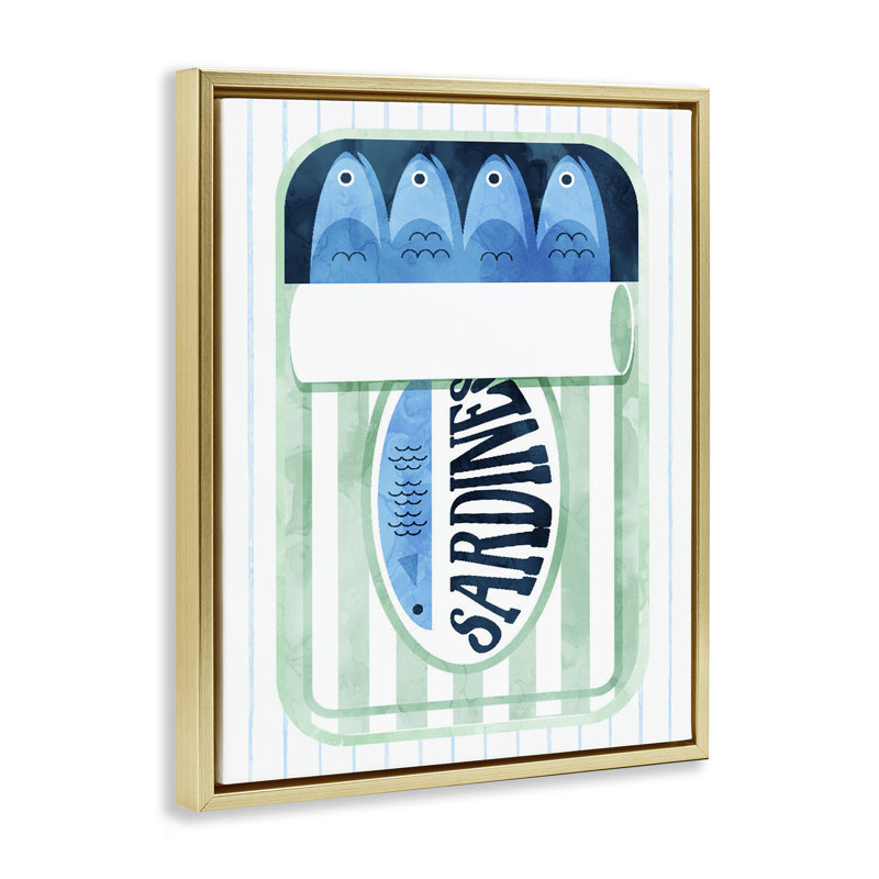 Cadre flottant en sardine et écume de mer sur fond rayé, design par Daphne Polselli, H 21 po x l 17 po