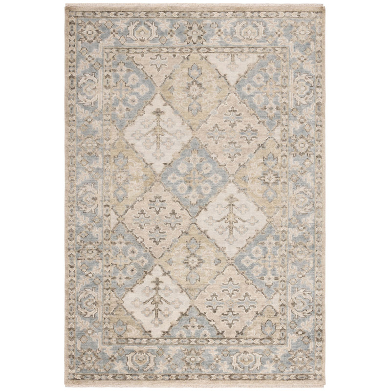 Hand-Knotted Beige and Blue Wool Rectangular Rug, 6' x 9'