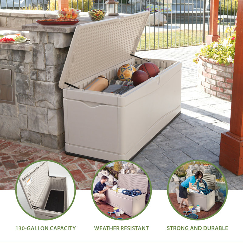 Lifetime Water Resistant Plastic Lockable Deck Box, Desert Sand, 130 Gallon
