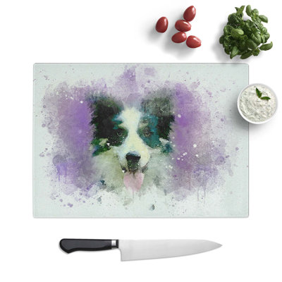 Tempered Glass Border Collie in the Flowers Chopping Board