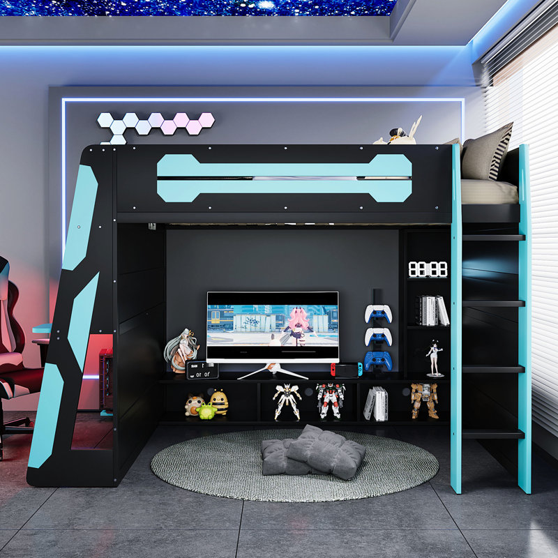 Lit mezzanine double en bois de couleur bleu nuage avec rangement sous le comptoir, éclairage et bureau latéral pour un espace de jeu parfait.