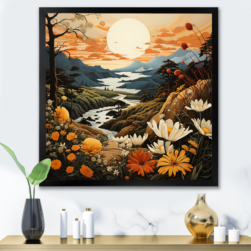 «Bold Botanical Mountain Landscape», impression sur toile, Cadre simple noir, H 24 po x l 24 po x P 1 po