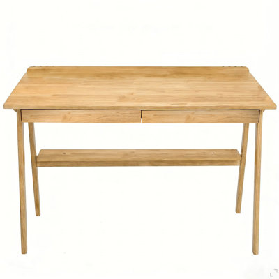 Solid Wood Writing Desk, Home Office Desk for Small Spaces, Mid Century Modern Desks with 2 Drawers & Storage Shelf, Standing Desk with Side Hooks for