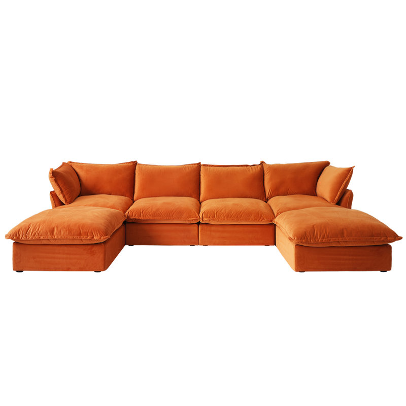 Fairford 6-Piece Upholstered Modern Corduroy Fabric Sectional Sofa With Ottoman, Orange Velvet