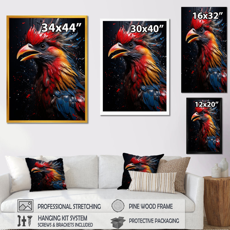 «Blue Red Rooster Choir Portrait I», Cadre flottant doré, H 32 po x l 24 po x P 1 po