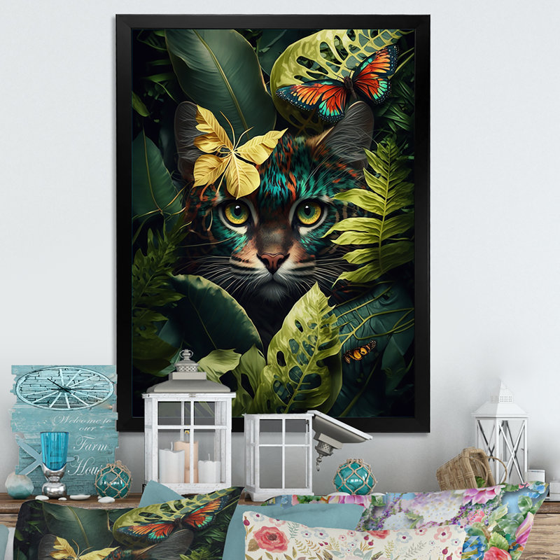 Joli chat avec papillon dans les buissons de la jungle III - animaux, art mural sur toile, L 12 po x H 20 po, Cadre noir