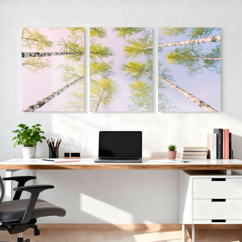 Ensemble de 3 toiles murales imprimées représentant un paysage printanier avec des bouleaux, 2030