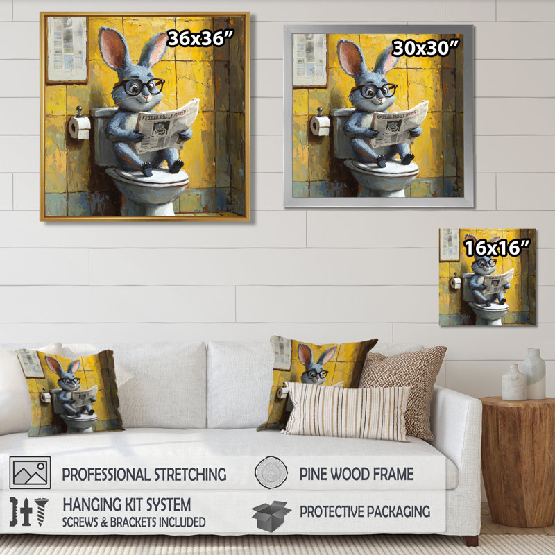 Ketterer lapin avec des lunettes dans la toilette I - lapin, art mural, Impression encadrée flottante, Argent argent
