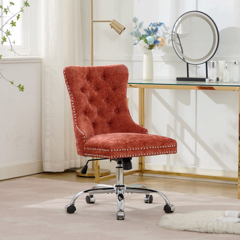 Office Chair, Modern Chenille Upholstered Tufted Button Home Office Chair With Chrome Metal Base, Adjustable Desk Chair Swivel Office Chair (Orange)