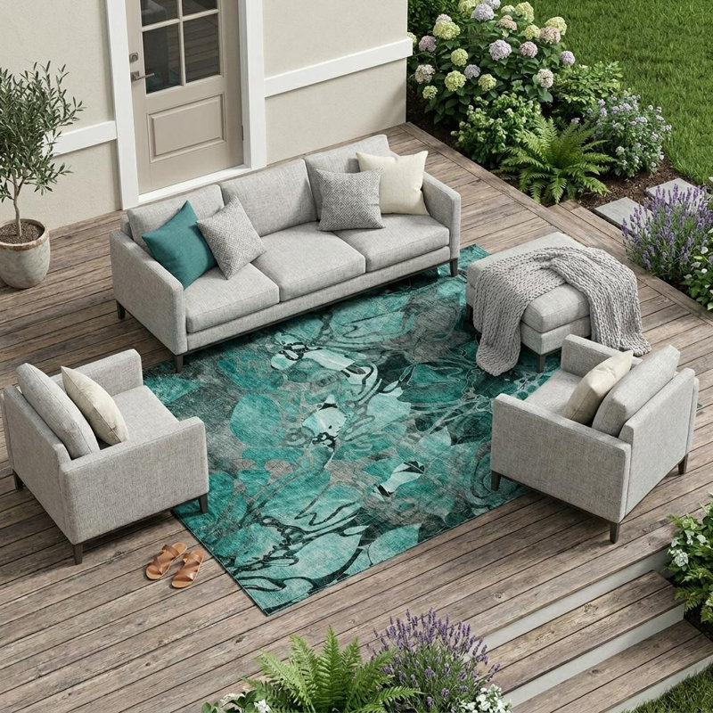 Tapis extérieur lavable antidérapant à motif floral noir et gris 10 pi x 14 pi sarcelle