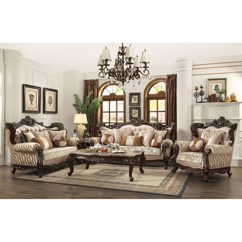 Elegant Tufted Fabric & Walnut 70'' Loveseat with Nailhead Trim