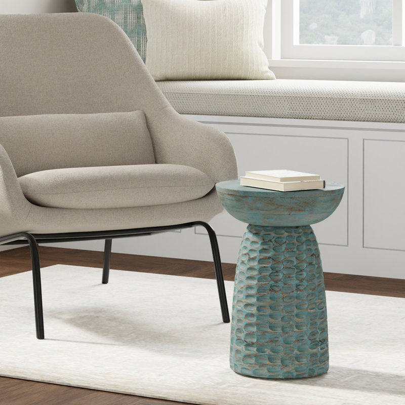 Solid Mango Wood Contemporary Accent Table with Textured Finish, Fully Assembled, Teal Wash