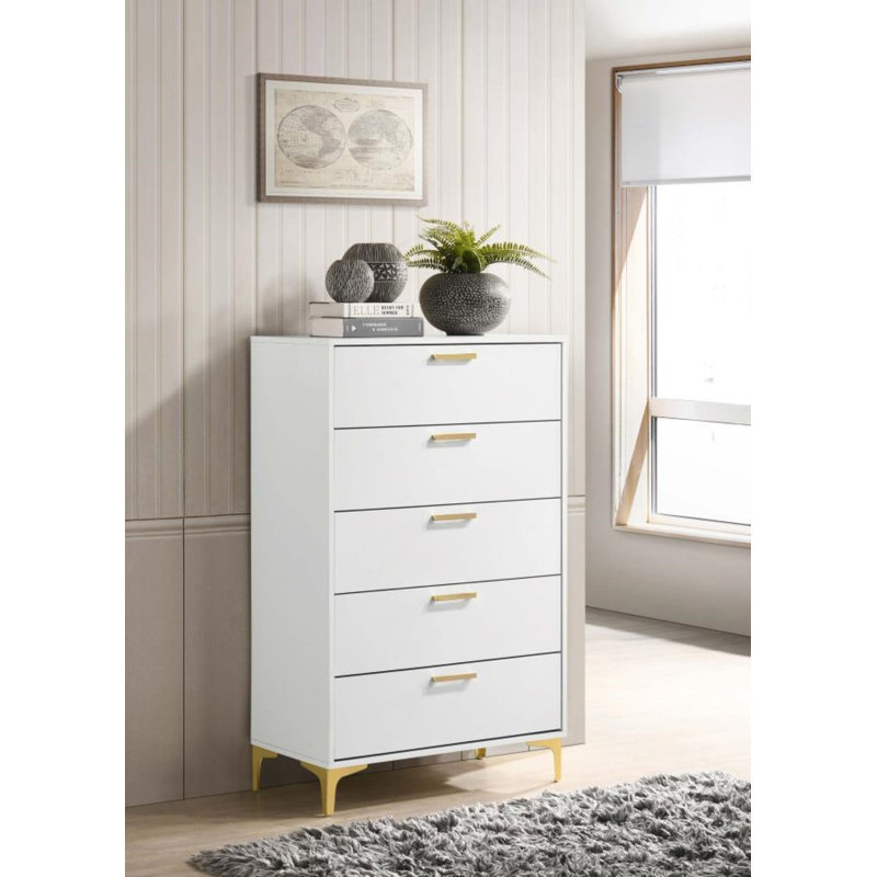 Peterlee White and Gold 5-Drawer Chest, White