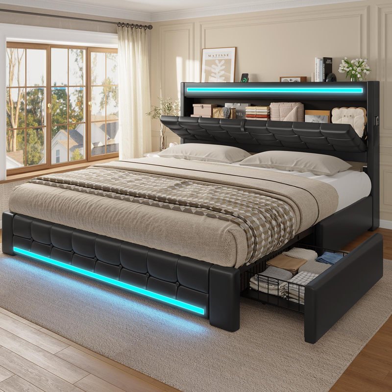 Bed Frames with Storage Headboard & 4 Drawers, LED Bed Frame with Charging Station, Upholstered Platform Bed,No Box Spring Needed
