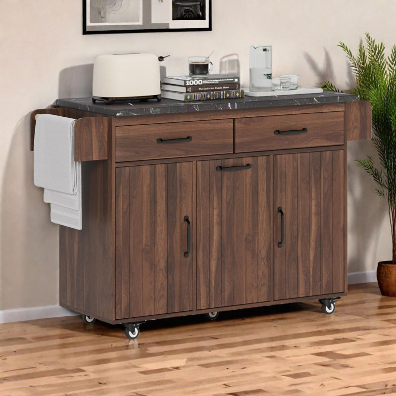 Kitchen Island with Trash Can Storage Cabinet, Drop Leaf, Spice Rack & Drawer, Brown