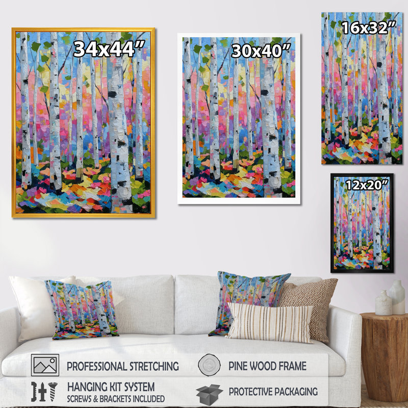 «Pink Orange Vibrant Birch Forest», impression d'art sur toile rose nature, H 44 po x l 34 po, Cadre flottant, Doré