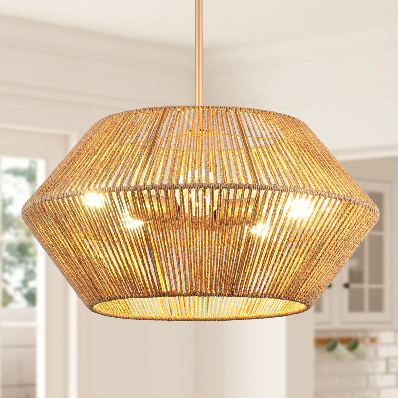 5 - Light Dimmable Boho Farmhouse Natural Woven Rattan Drum Chandelier Bohemian Light Fixture, Gold