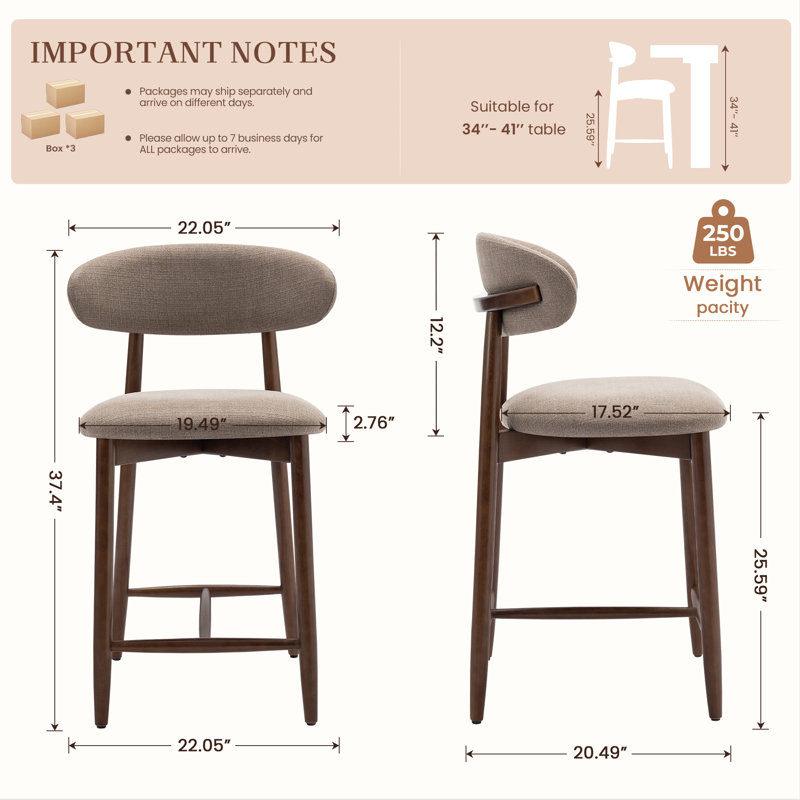 Tabouret de comptoir rembourrÃ© Vannie avec structure en bois massif, Chameau