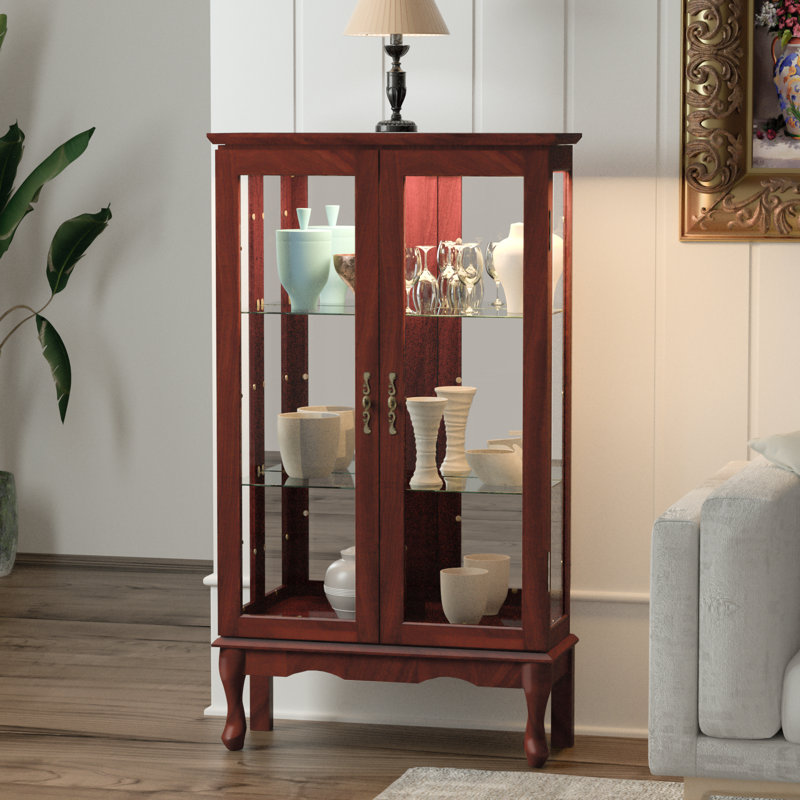 44'' H Lighted Retro China Cabinet, With 2 Tempered Glass Doors And 3-Tier Curio Cabinet Display Cabinet , Cherry