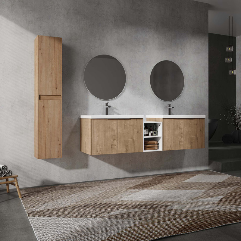 Meuble-lavabo mural avec lavabo et armoire latérale, portes à fermeture en douceur, 71.1"