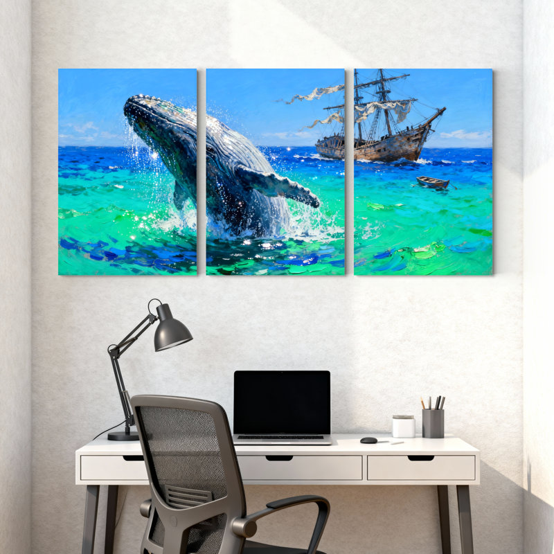 Ensemble de 3 reproductions d'art sur toile, "Nautical Whale Breaching Ocean Pirate Ship Scene", H 18 po x l 36 po