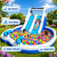 Double glissade d'eau gonflable avec mur d'escalade et grande piscine - Parc aquatique pour enfants avec ventilateur et accessoires, bleu et blanc