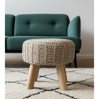 19" Taupe and Brown Wool Round Footstool