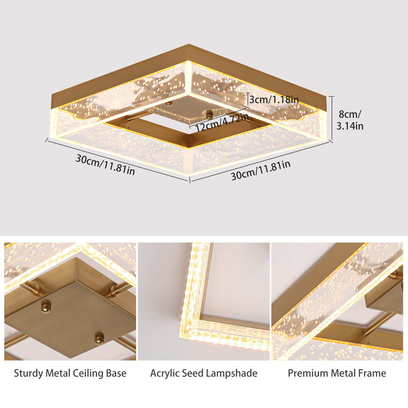 Itohan 11.81" Square Dimmable LED Flush Mount, Gold