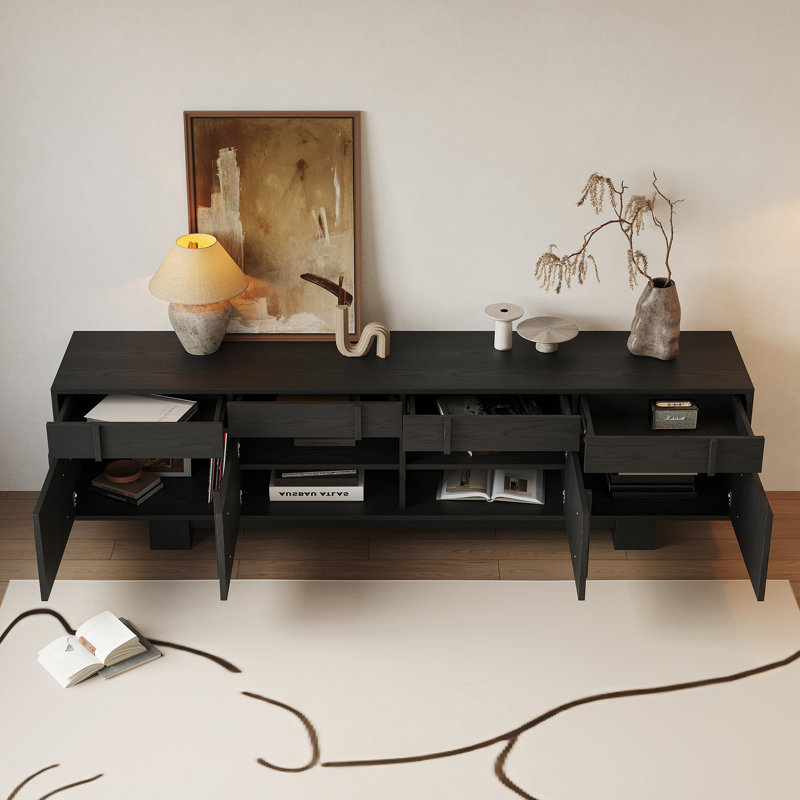 71'' Mid-Century Modern Tv Stand with 4 Drawers & 4 Cabinet Doors, Media Console For Living Room And Office, Black