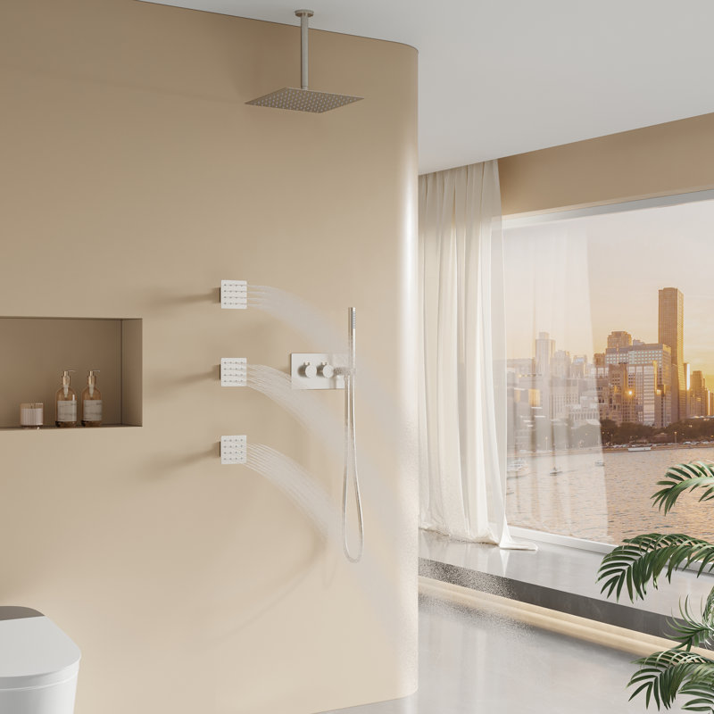 3-Function Ceiling-Mounted Shower System With 12" Ultra-Thin Square Shower Head,Body Jets And Hand Shower (Valve Included)